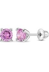 handsome silver round shape pink cubic zirconia 4mm birthstone baby earrings